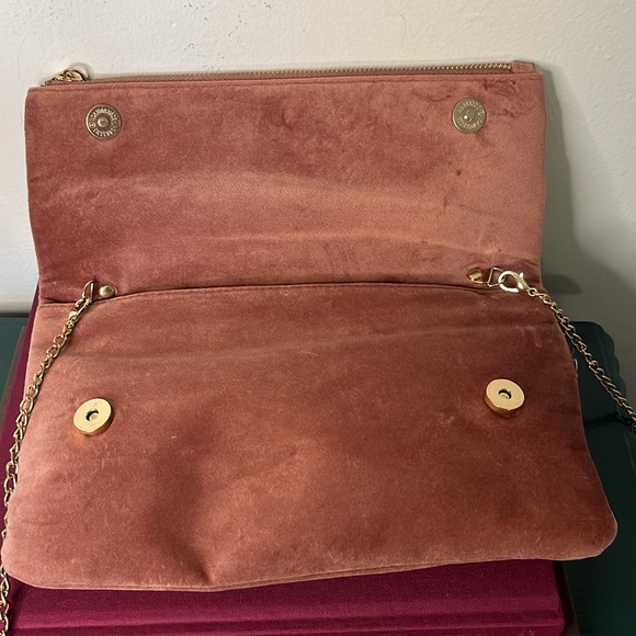 Velvet Mauve Floral Embroidered Fold Over Clutch Crossbody Gold Chain Boho - Picture 5 of 11